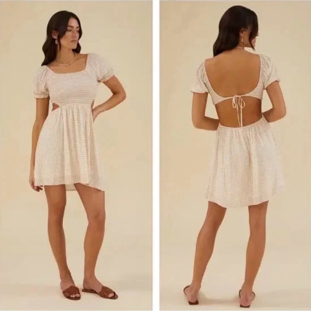 Rachel Parcell Tan Gingham Smocked Mini Dress Open Back Puff Sleeve Size L NWT